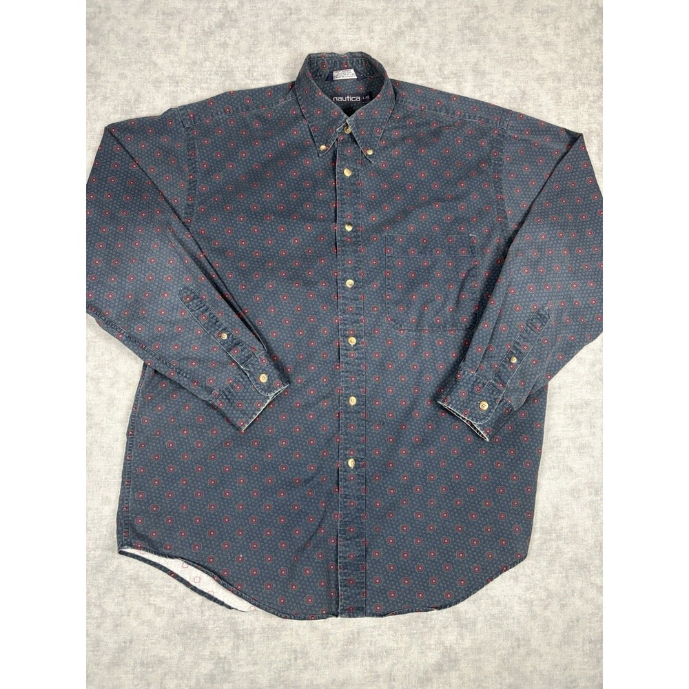 Vintage Nautica Button Down Shirt USA Made 100% Cotton Blue Print Men's L